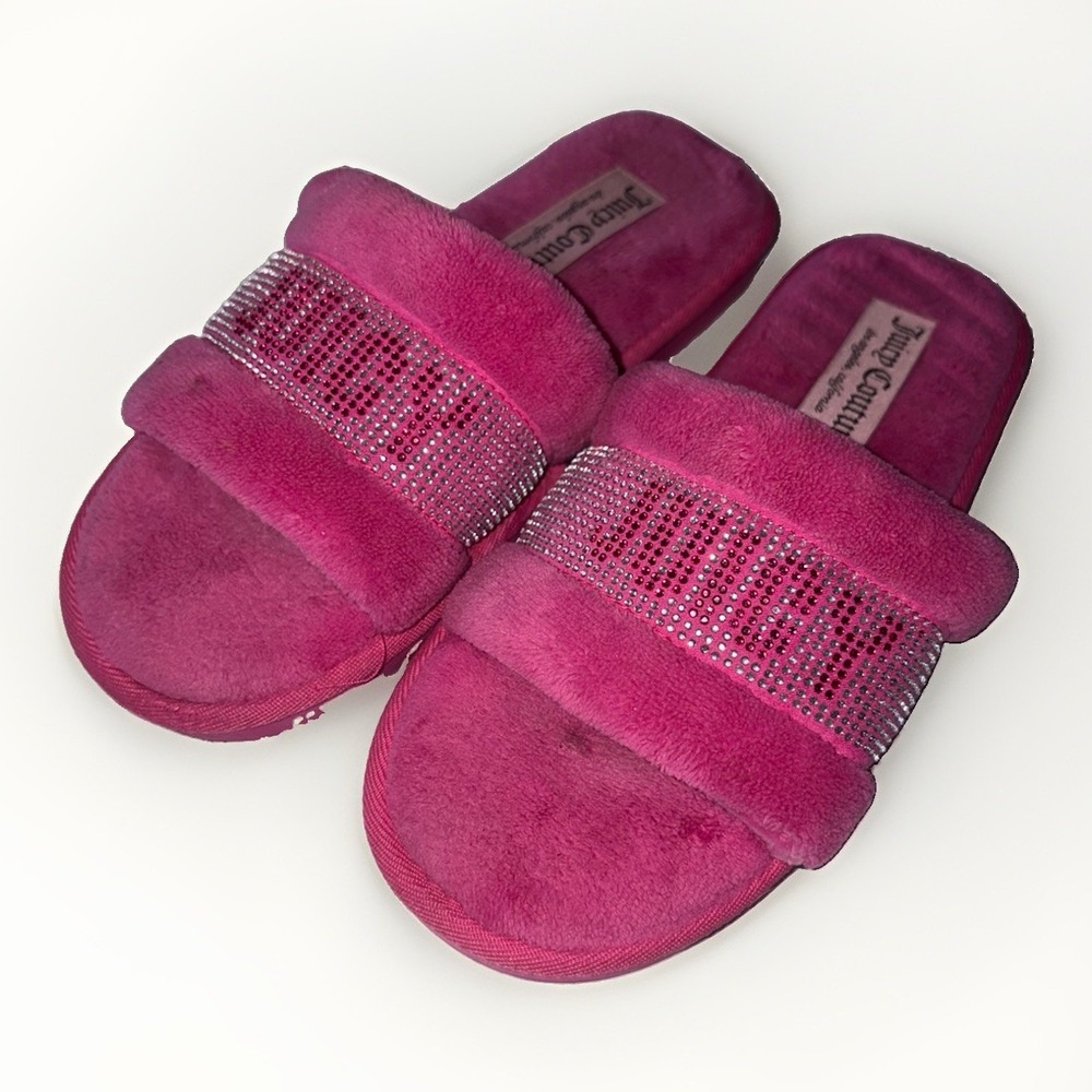 Juicy Couture, Slippers, y2k style fuzzy Hot Pink, Rhinestones, Size Small